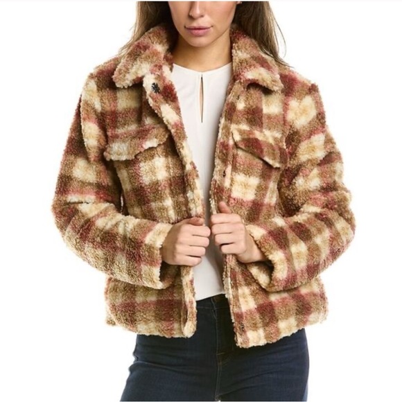 Avec Les Filles Jackets & Blazers - Avec Les Filles Cream and Brown Plaid Teddy Jacket